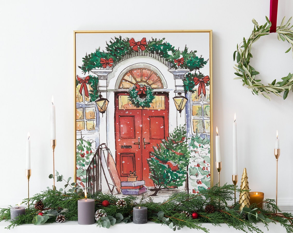 Christmas Front Door Print Art Winter Christmas Illustrations Decor Cute Holiday Wall Art