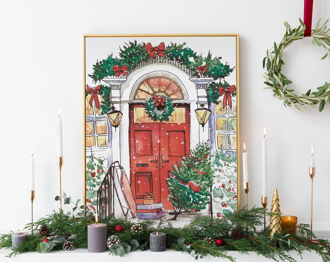Christmas Front Door With Red Wreath Watercolor Holiday Art Poster