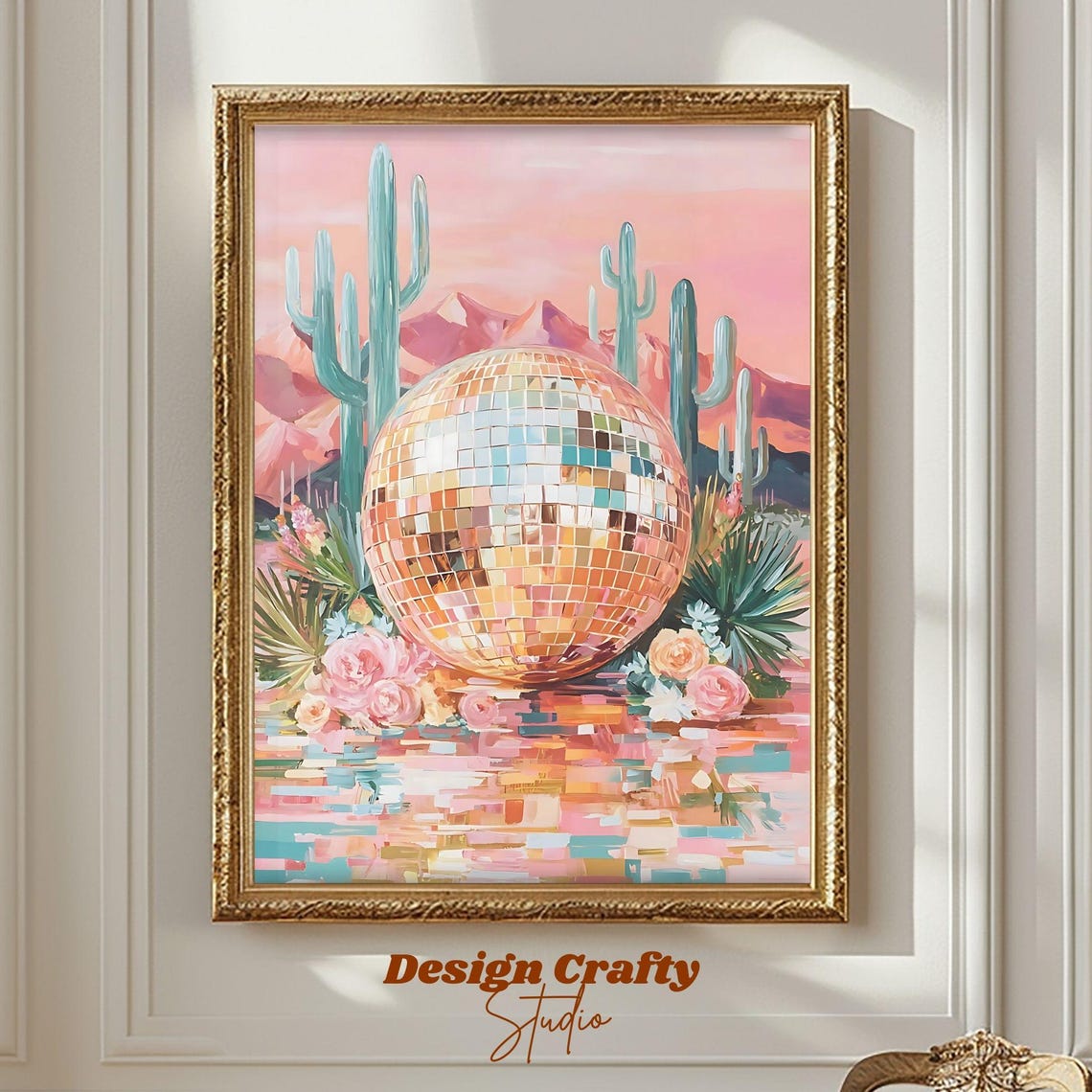 Retro Disco Ball Desert Cacti Pink Sunset Kitschy Art Poster