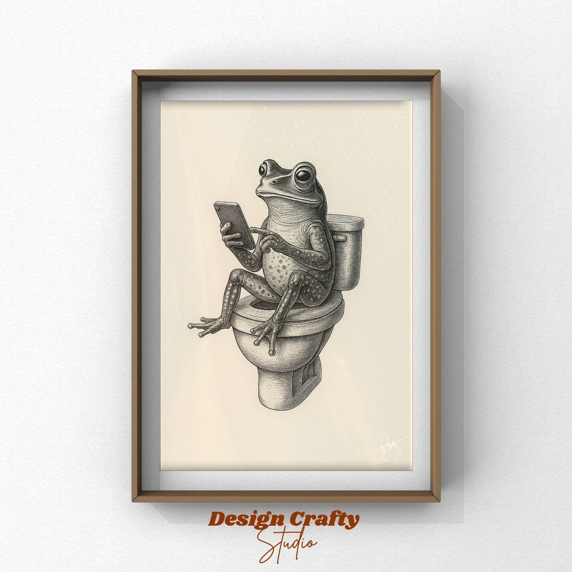 Funny Frog on Toilet Scrolling Phone Vintage Retro Bathroom Wall Art