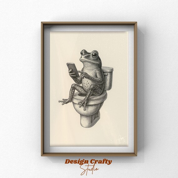 Funny Frog on Toilet Scrolling Phone Vintage Retro Bathroom Wall Art