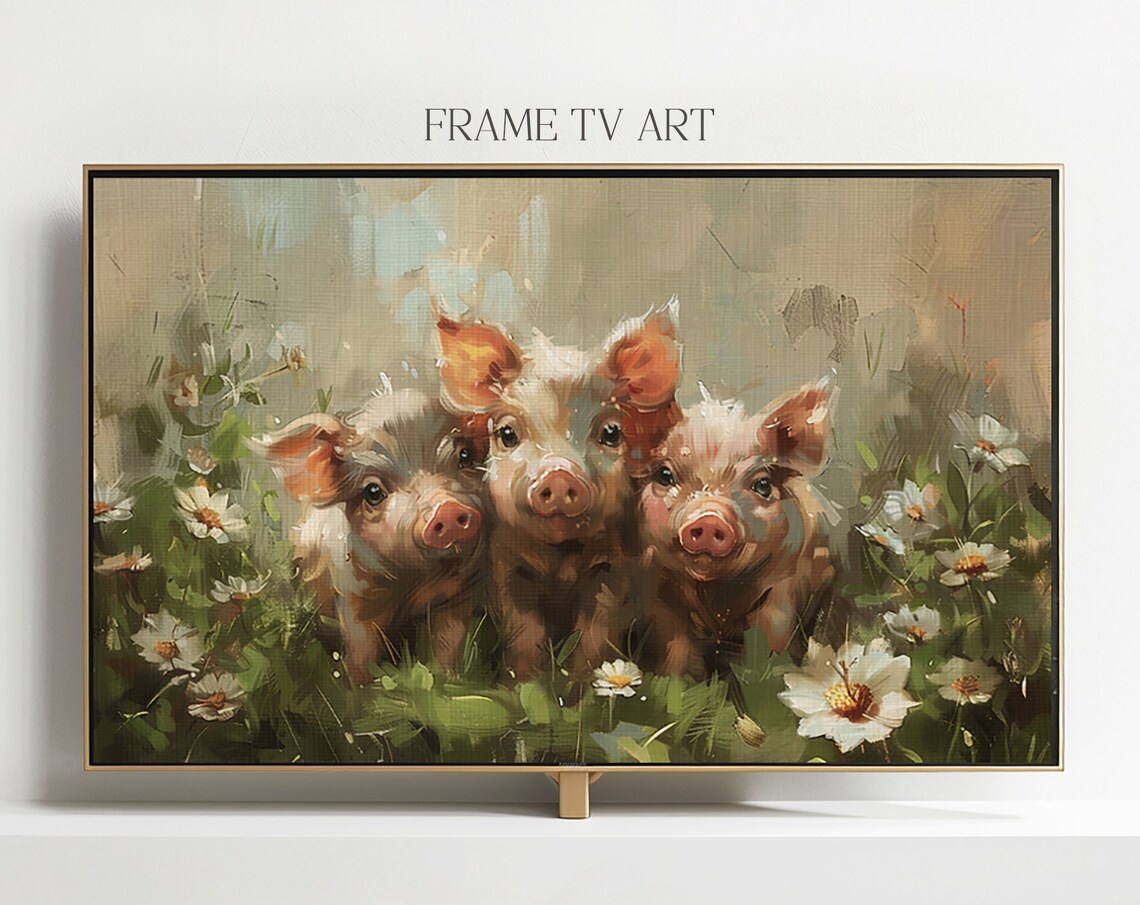 Three Adorable Piglets Among Daisies Frame TV Screen Art Print