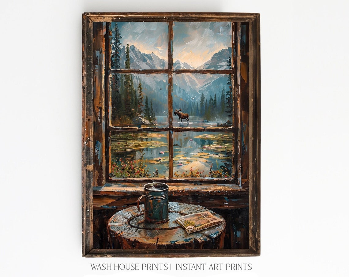 Moose at Mountain Lake Seen From Rustic Cabin Window Wall Poster