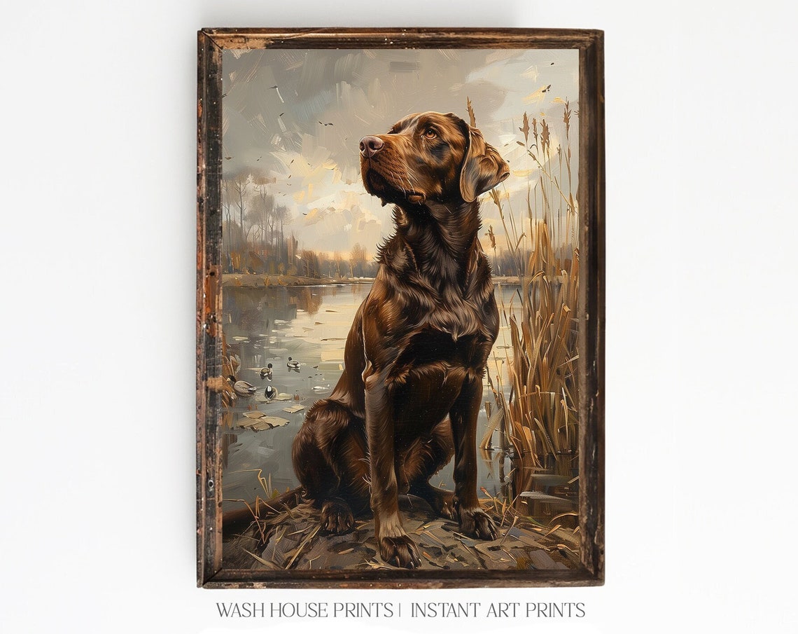 Chocolate Labrador Retriever Sitting by a Lakeside at Sunset Poster