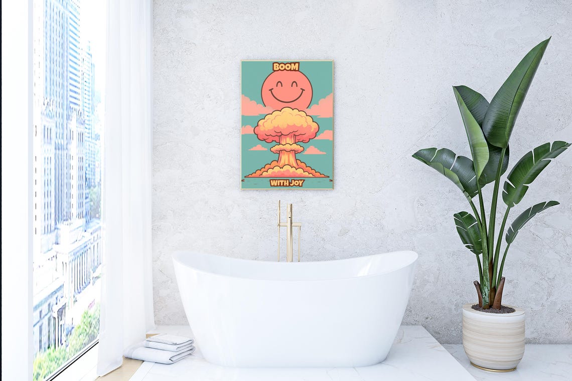 Boom With Joy Poster Funny Atomic Explosion Wall Art Surreal Pop Print Retro Pastel Decor Quirky Happy Face Mushroom Cloud - Image 4