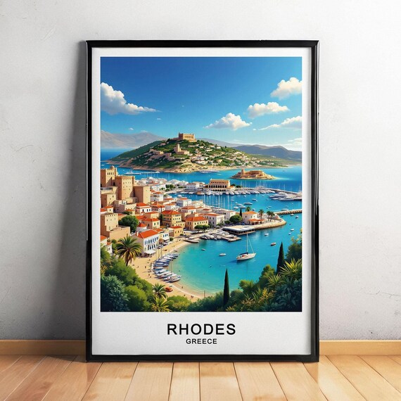 Rhodes Greece Harbor Marina Hilltop Old Town Aegean Sea View Poster