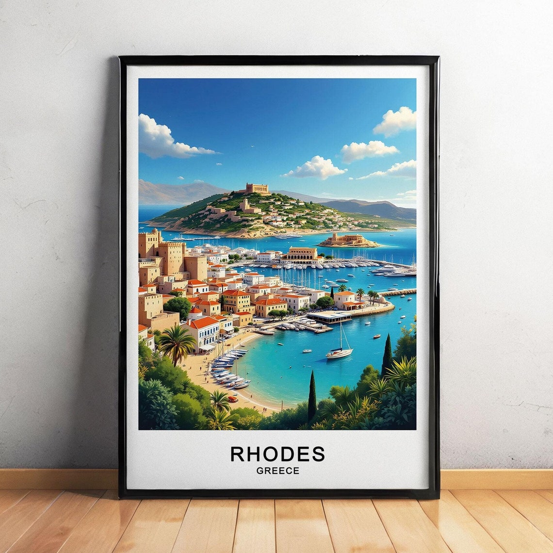 Rhodes Greece Harbor Marina Hilltop Old Town Aegean Sea View Poster