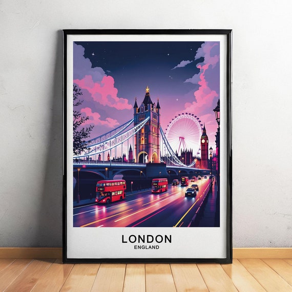 London England Travel Poster Iconic Landmarks London Bridge Big Ben London Eye Red Bus Wall Art Illustration