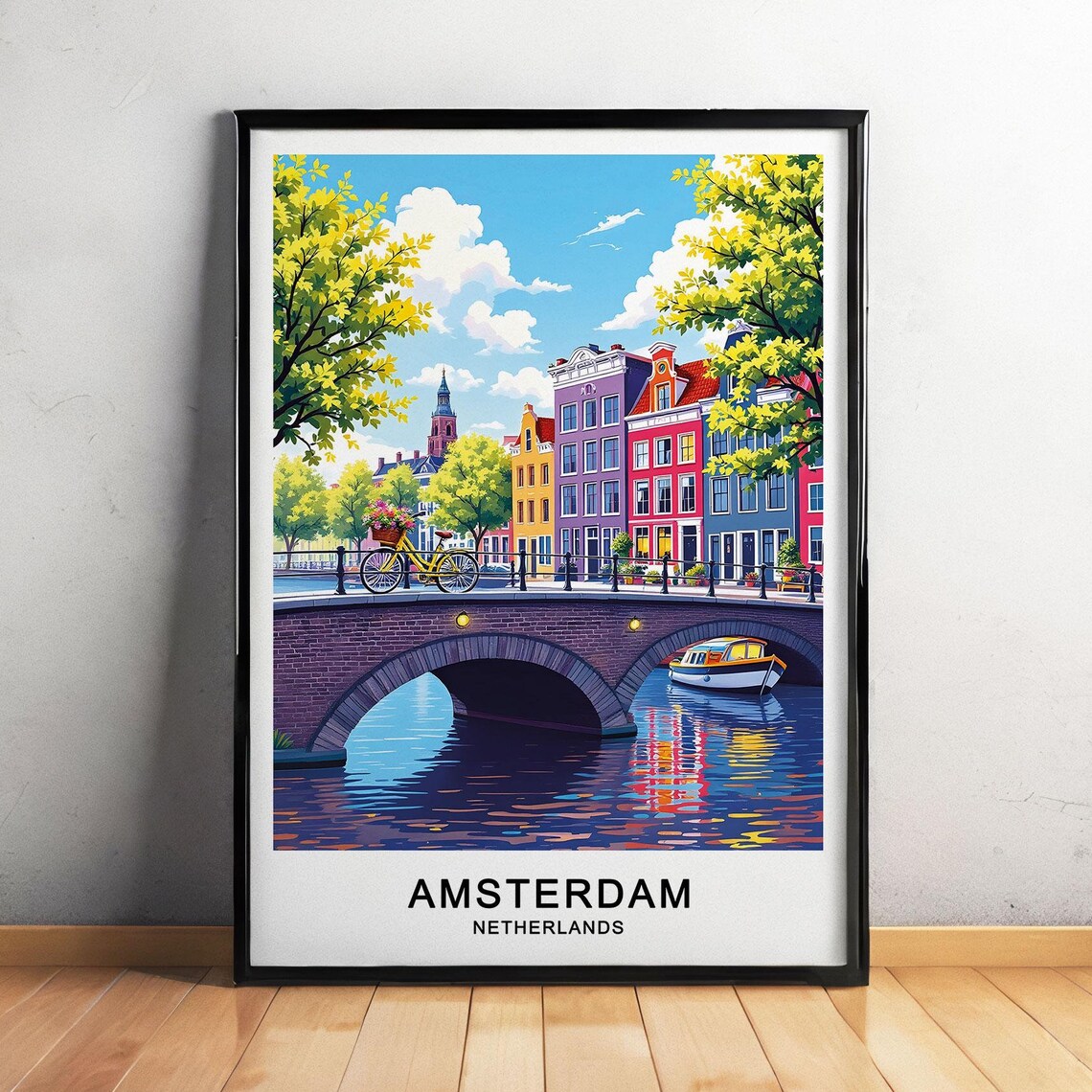 Amsterdam Netherlands Canal Bridge Colorful Houses Bicycle Cityscape Poster