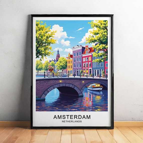 Amsterdam Netherlands Canal Bridge Colorful Houses Bicycle Cityscape Poster