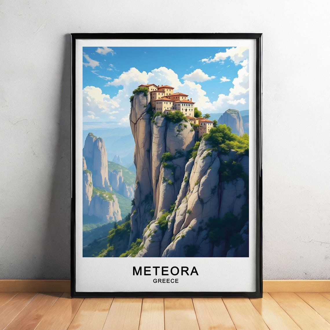 Meteora Greece Monastery Atop Towering Rock Pillars Sky Poster