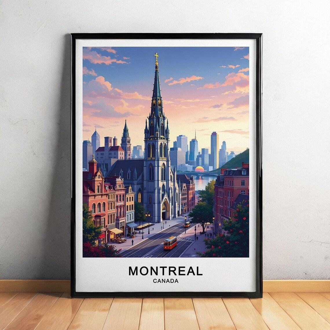 Montreal Canada Gothic Church Street Sunset Tram City Poster
