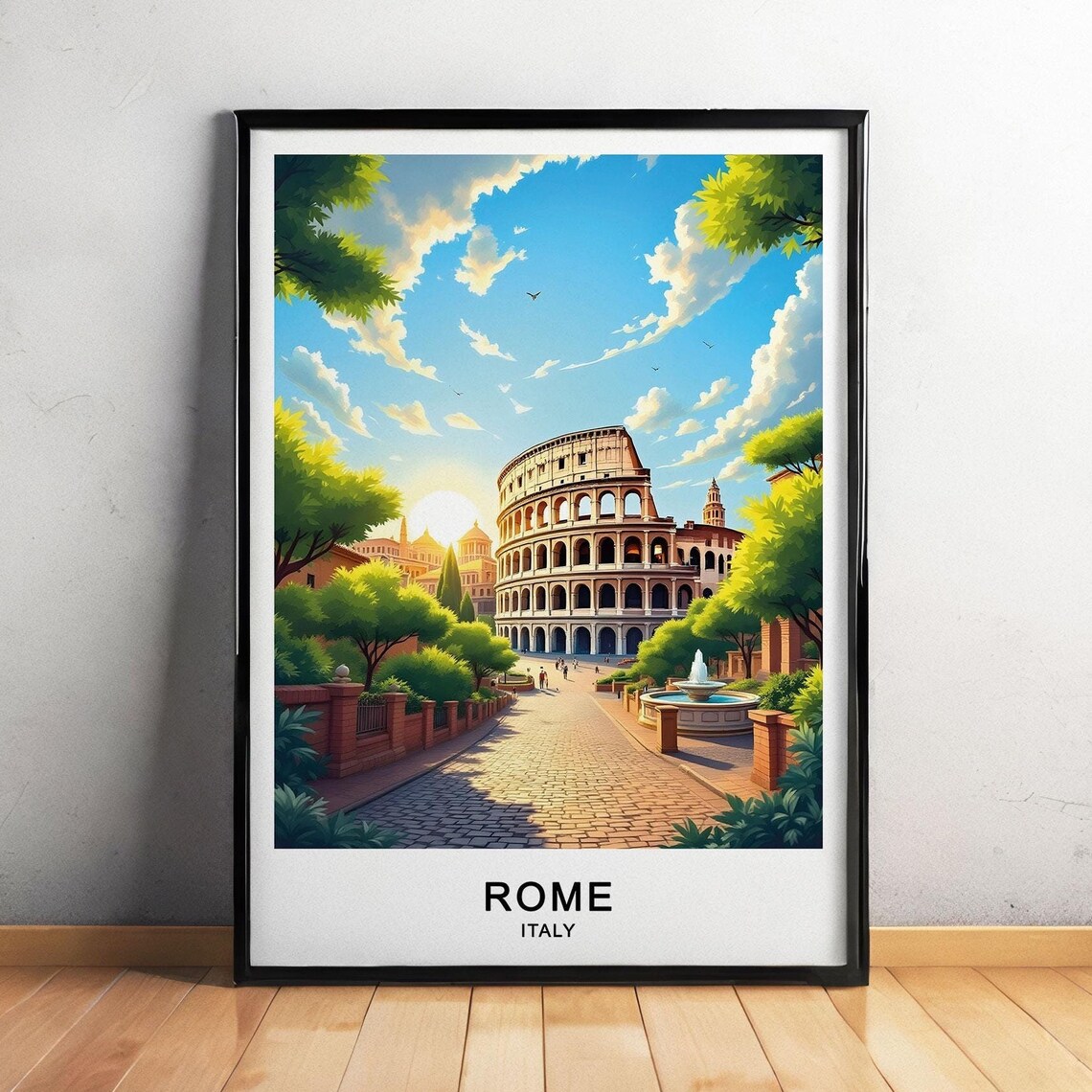 Rome Italy Colosseum Ancient Ruins Cobblestone Street Sunny Poster