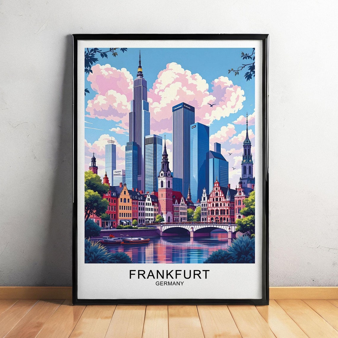 Frankfurt Germany Skyline Skyscrapers Old Town River Bridge Poster