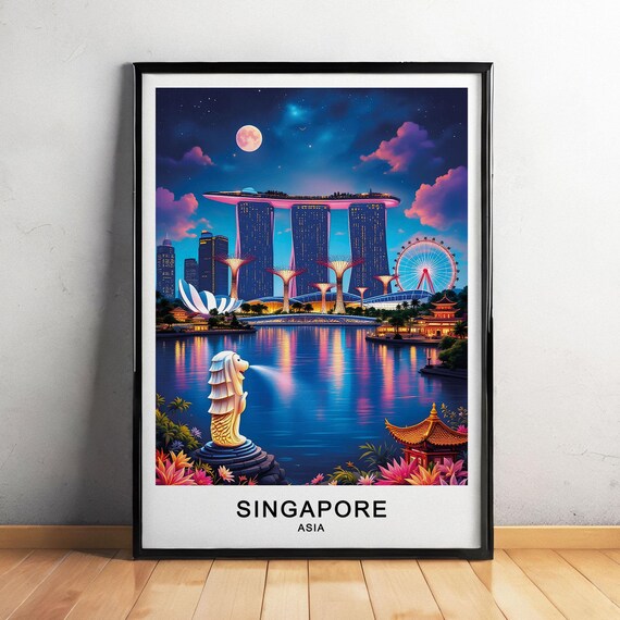 Singapore Marina Bay Sands Merlion Night Skyline Moon Water Reflections Travel Poster