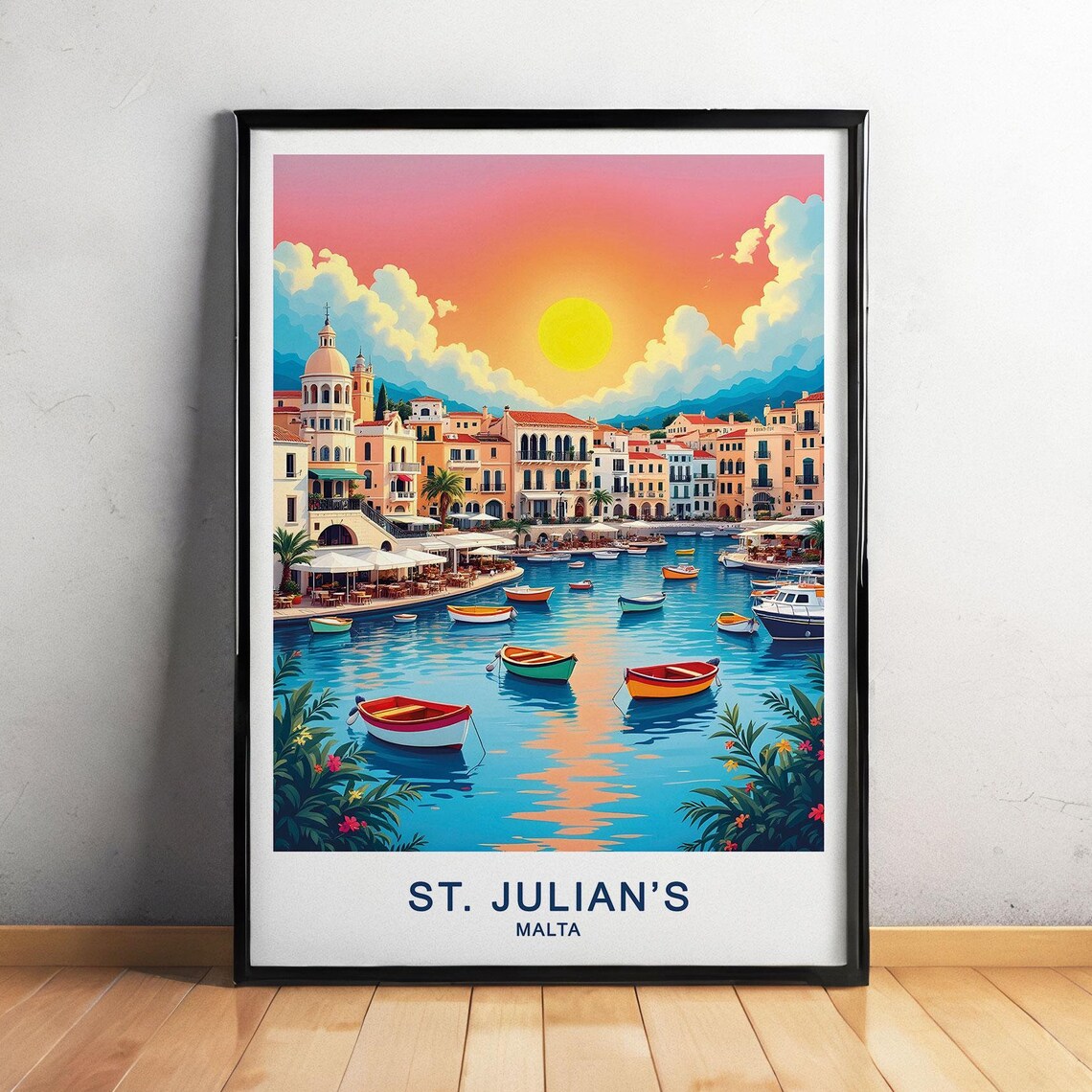 St Julians Malta Harbor Sunset Colorful Boats Waterfront Marina View Poster