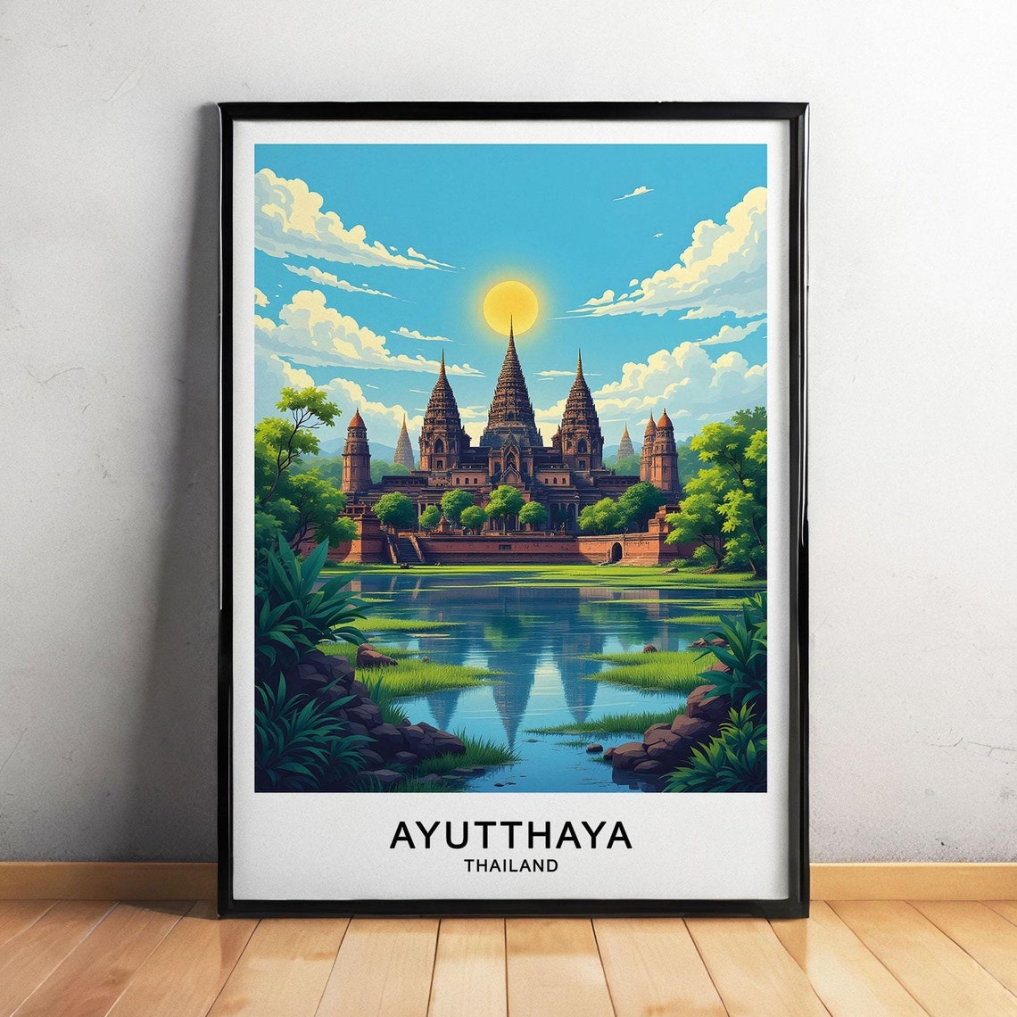 Ayutthaya Thailand Ancient Temple Spires Still Water Reflection Poster