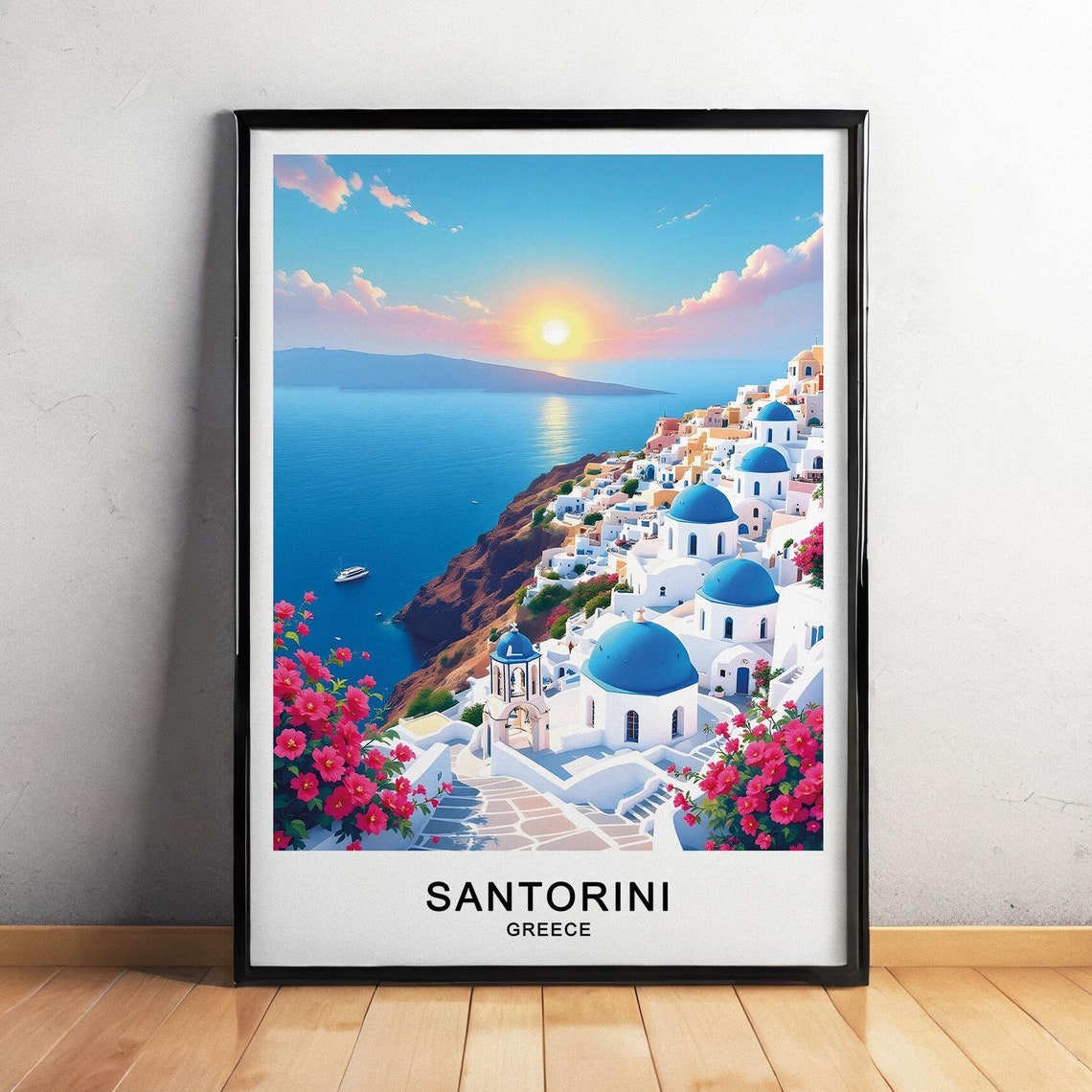 Santorini Greece Blue Domes Caldera Sunset Bougainvillea Poster
