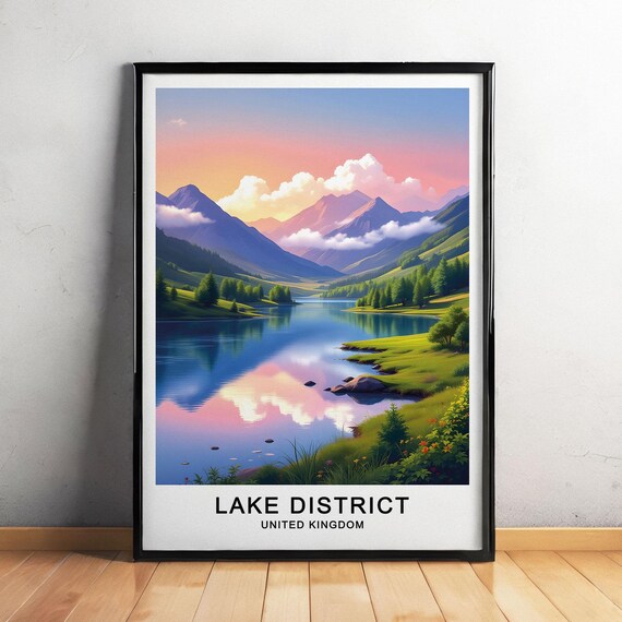 Lake District England Travel Poster Scenic Lakes Rolling Hills And Mountain Views Wall Art Illustration