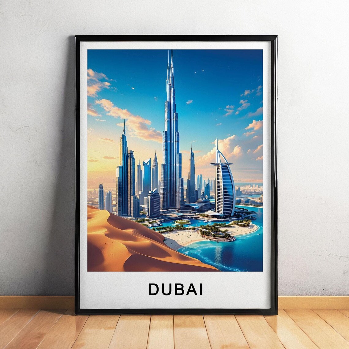 Dubai UAE Burj Khalifa Skyline Desert Dunes Modern Cityscape Poster