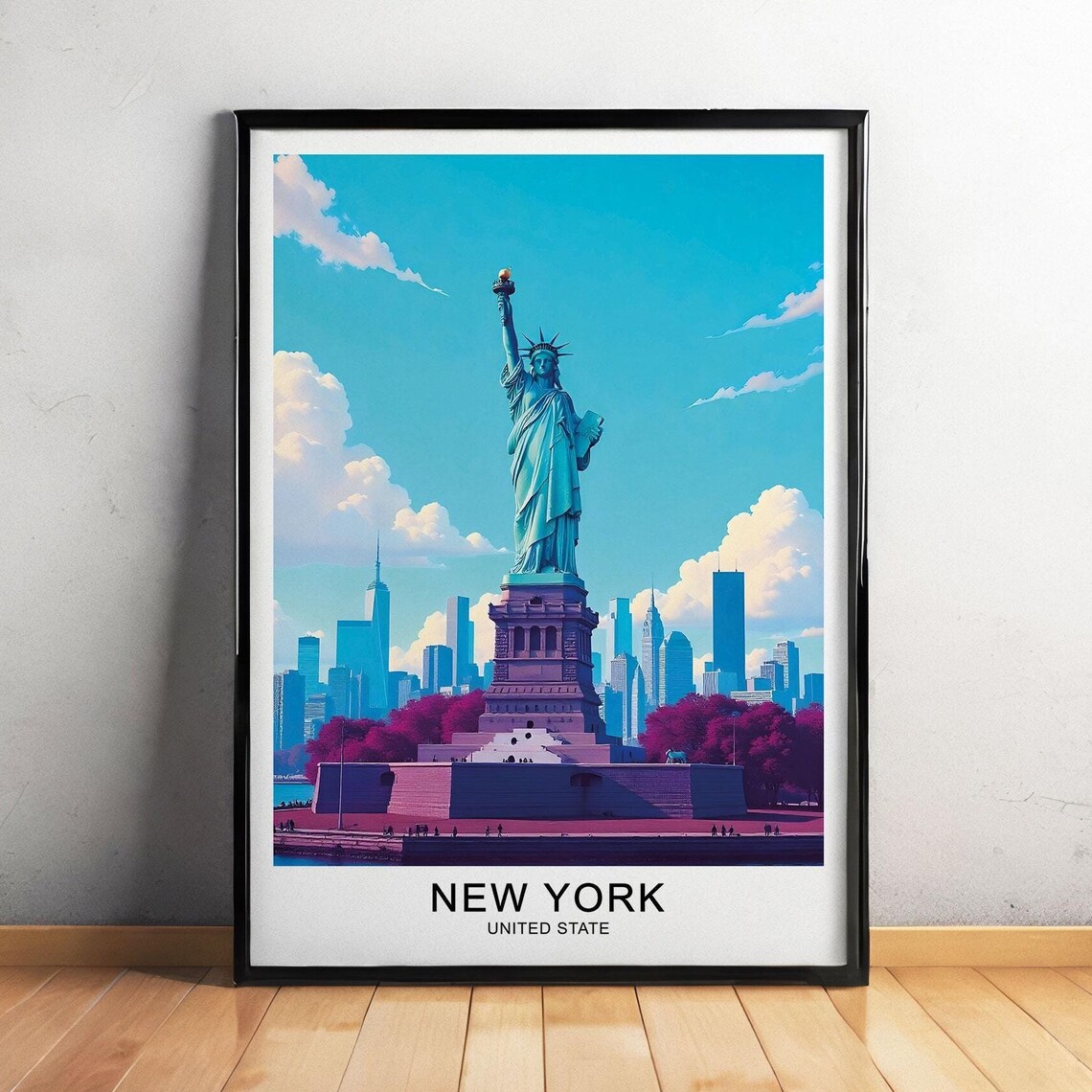New York Statue of Liberty Blue Sky Manhattan Skyline Travel Poster