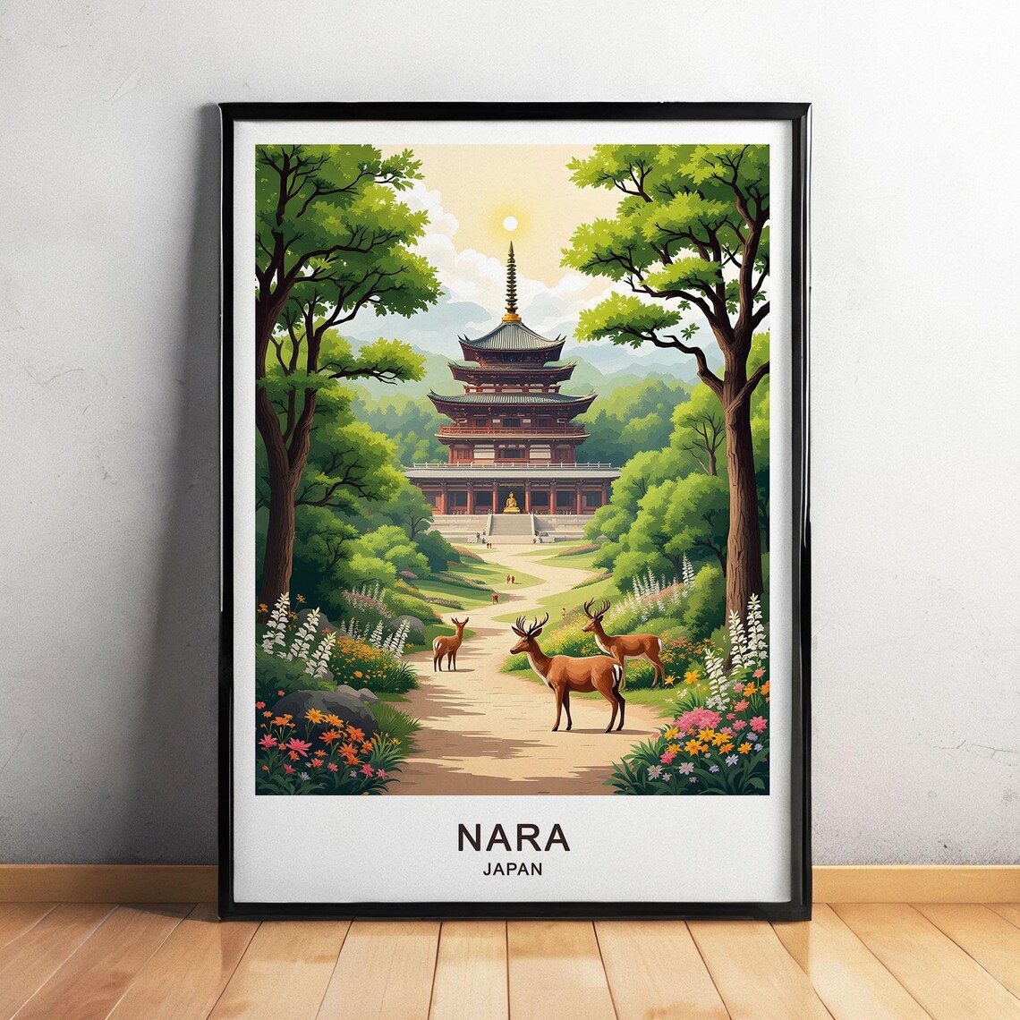 Nara Japan Five Story Pagoda Temple Deer Park Forest Garden Poster