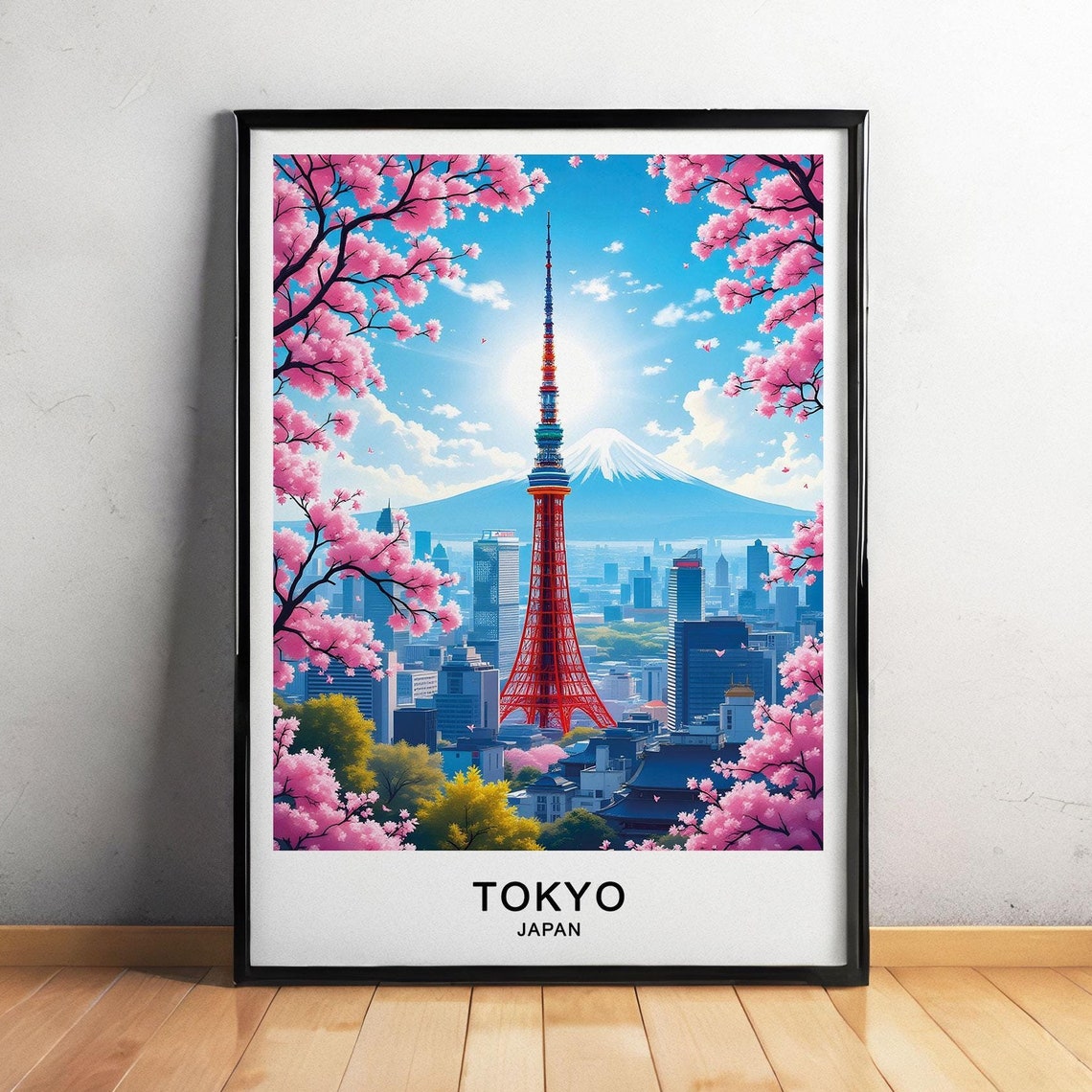 Tokyo Japan Red Tokyo Tower Mount Fuji Cherry Blossom City View Poster