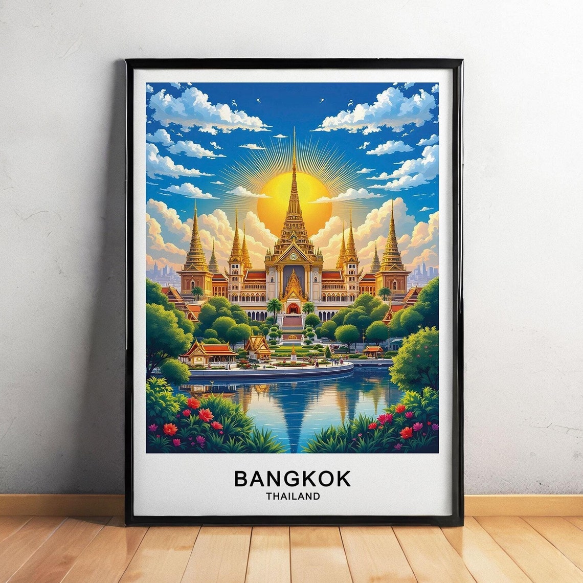 Bangkok Thailand Grand Temple Spires Lake Reflection Sunrise Poster
