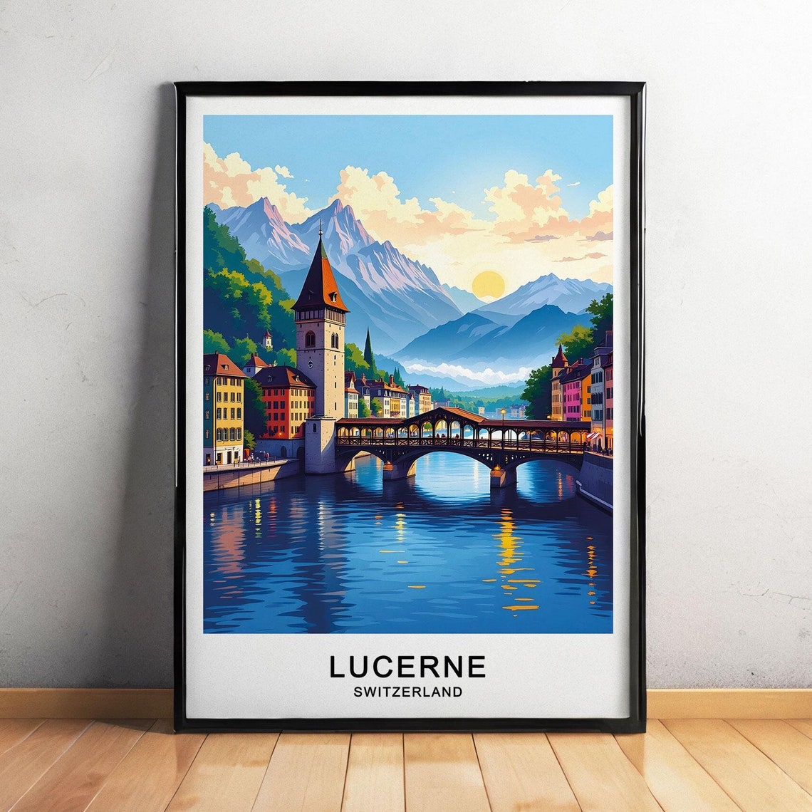 Lucerne Switzerland Chapel Bridge Lake Sunset Mountain View Poster