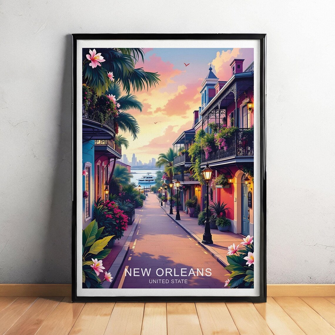 New Orleans French Quarter Balcony Palm Sunset Street Travel Poster