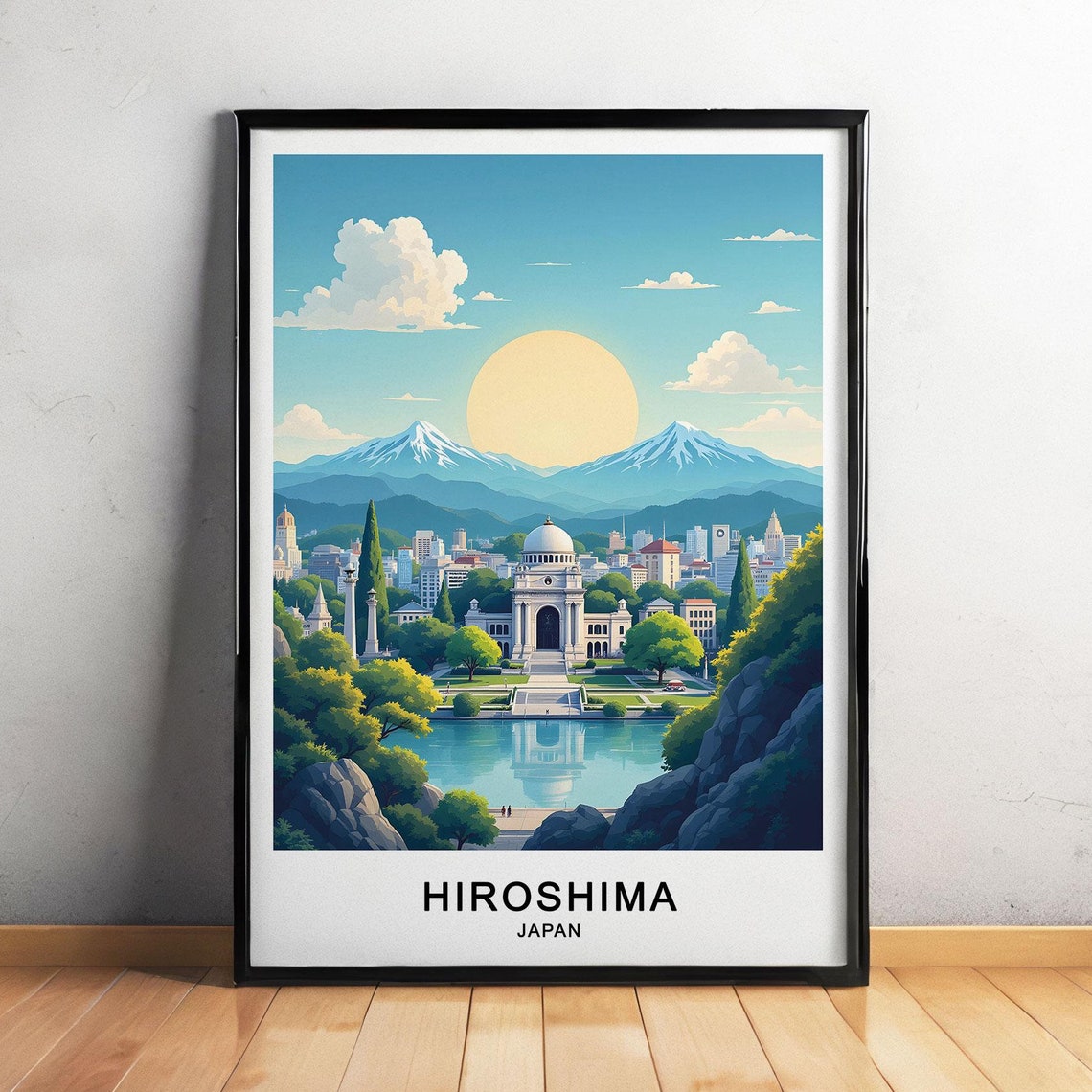 Hiroshima Japan Retro Cityscape River Reflection Golden Sun Poster