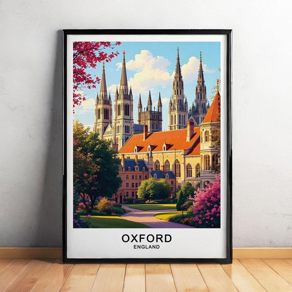 Oxford England Travel Poster Iconic University Buildings Wall Art Wall Art Illustration Travel Poster