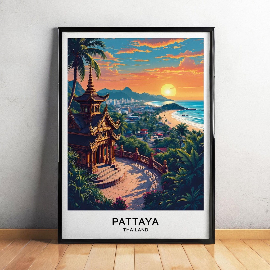 Pattaya Thailand Temple Overlook Bay Sunset Palm Coast Poster