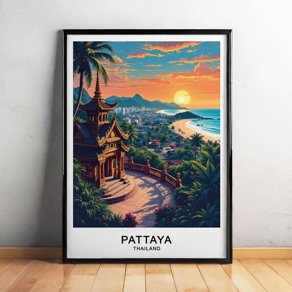 Pattaya Thailand Temple Overlook Bay Sunset Palm Coast Poster