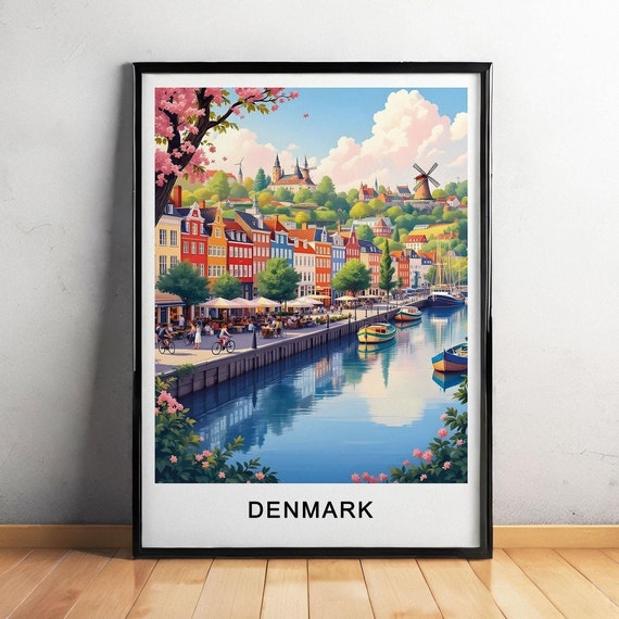 Denmark Travel Poster Iconic Attractions Charming Streets And Nordic Beauty Wall Art For Gift