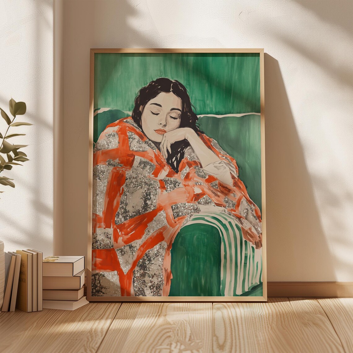 Woman In Orange Plaid Blanket Resting Against Emerald Green Poster - Image 5