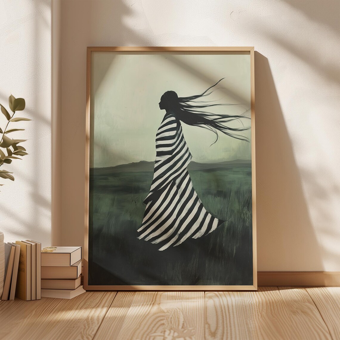 Silhouette Of Woman In Striped Dress Minimalist Abstract Wall Art Mystical Artwork For Modern Home Decor - Image 3