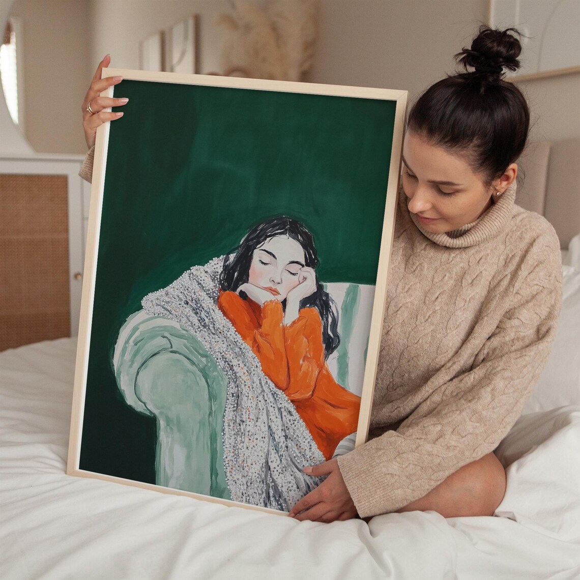 Sleeping Woman In Orange Dress Green Background Glitter Art Poster