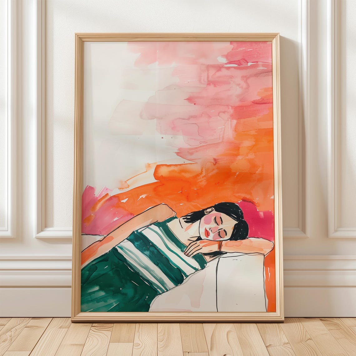 Sleeping Woman Watercolor Fashion Illustration Pink Orange Wall Art Green Striped Dress Calm Pose Colorful Bedroom Girl Poster - Image 3