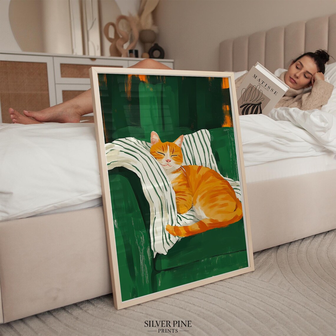 Cozy Sleeping Orange Tabby Cat Curled on Green Armchair Wall Art - Image 3