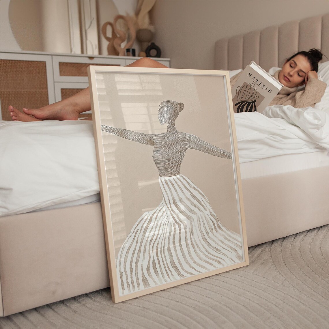 Minimalist Beige Ballerina with Flowing Striped Skirt Art Poster - Image 4