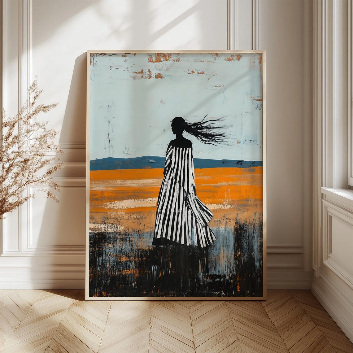 Silhouette In Striped Dress Abstract Desert Landscape Wall Art Bold Minimalist Artwork For Modern Interior Design