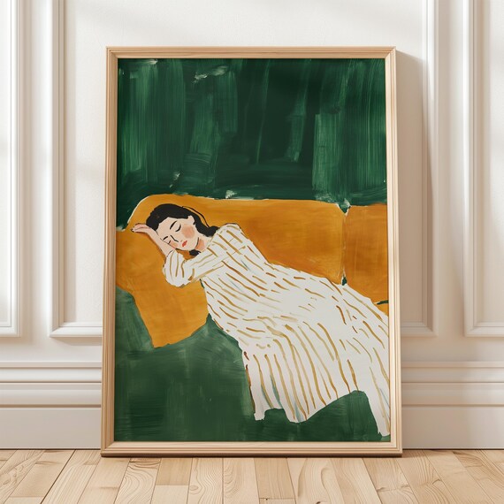 Sleeping Woman on Orange Couch Against Emerald Green Wall Poster