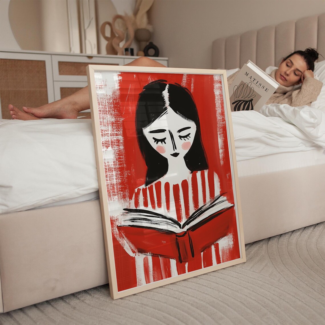 Woman Reading With Red Book, Minimalist Art Print - Image 2