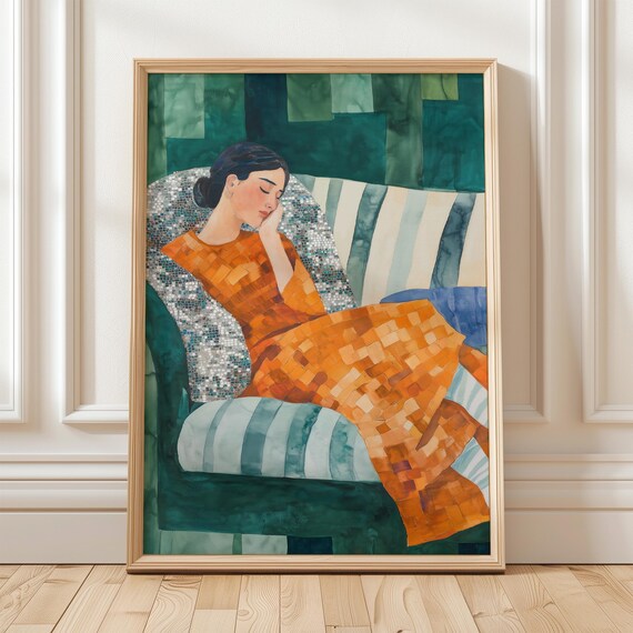 Sleeping Woman Orange Mosaic Blanket Peaceful Green Art Poster