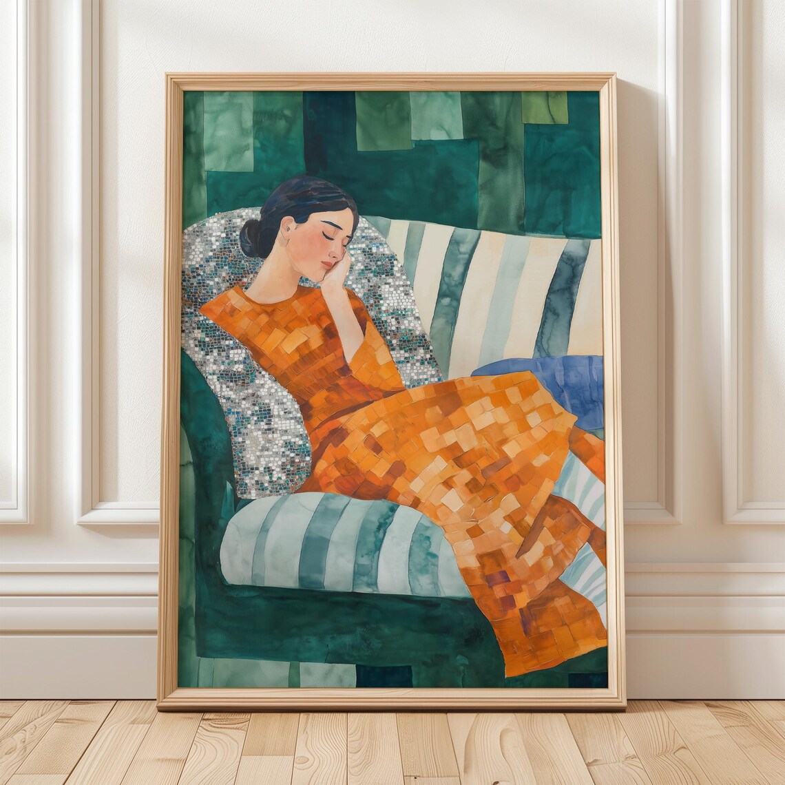 Sleeping Woman Orange Mosaic Blanket Peaceful Green Art Poster