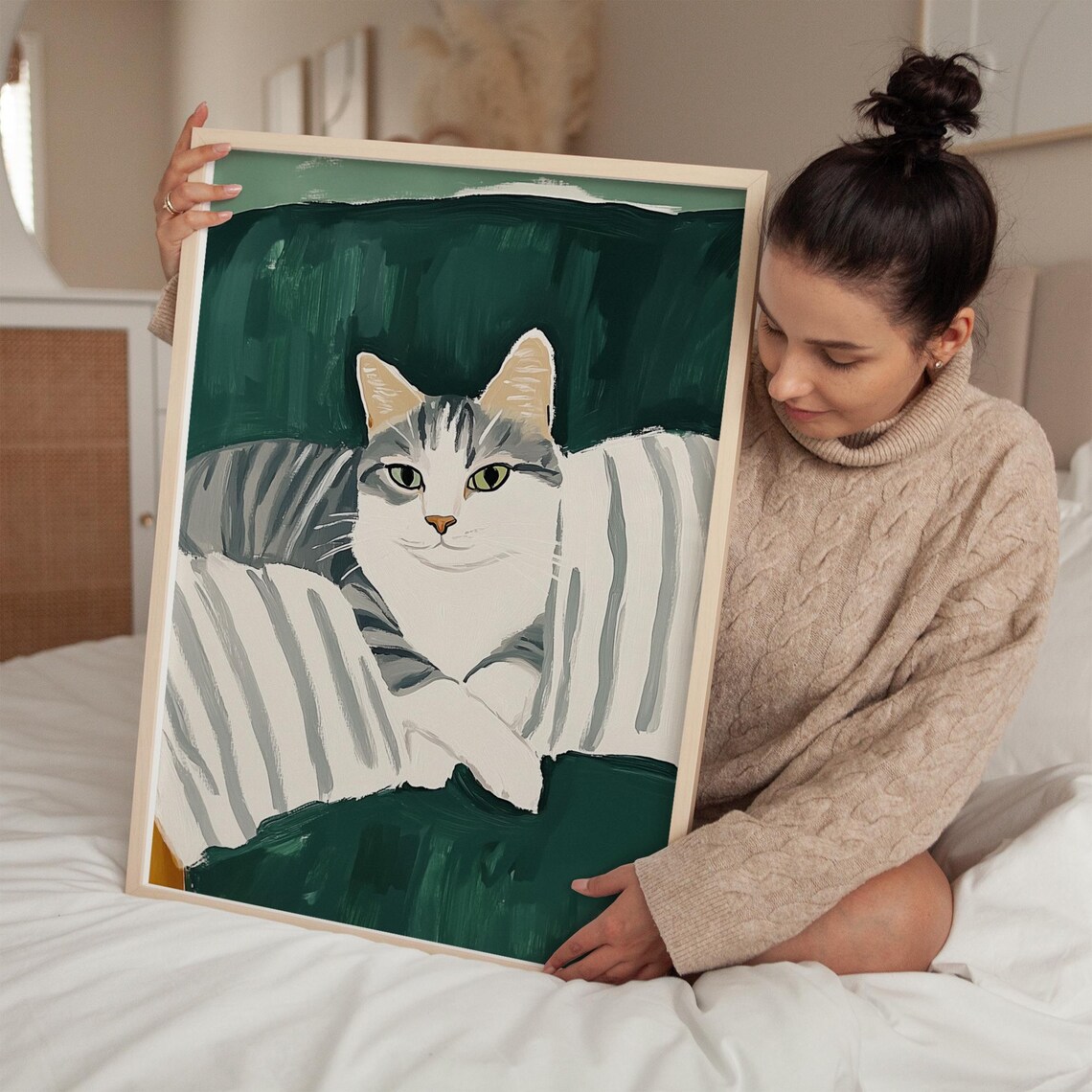 Striped Cat On Green Sofa, Cozy Minimalist Art Print - Image 3