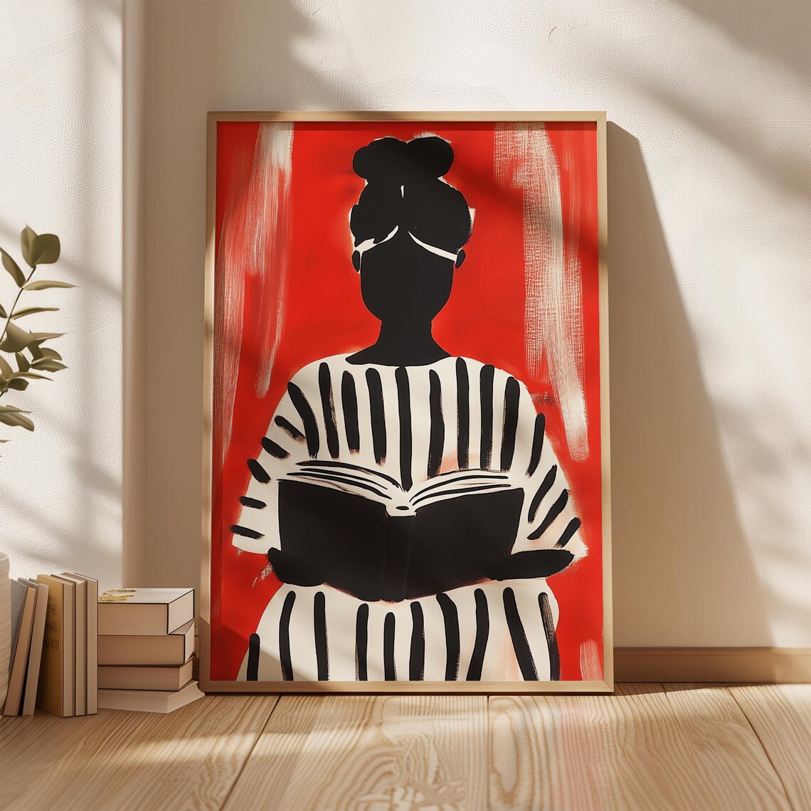 Woman Reading Book Black White Striped Red Background Art Poster - Image 5