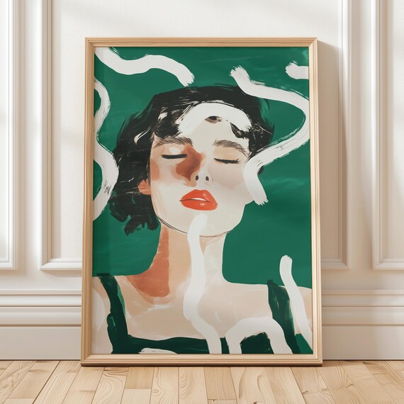 Abstract Woman Face Red Lips Green Background Modern Art Poster