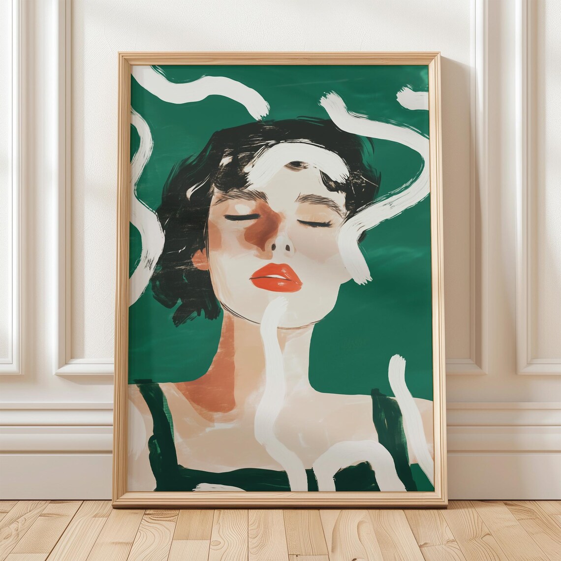 Abstract Woman Face Red Lips Green Background Modern Art Poster